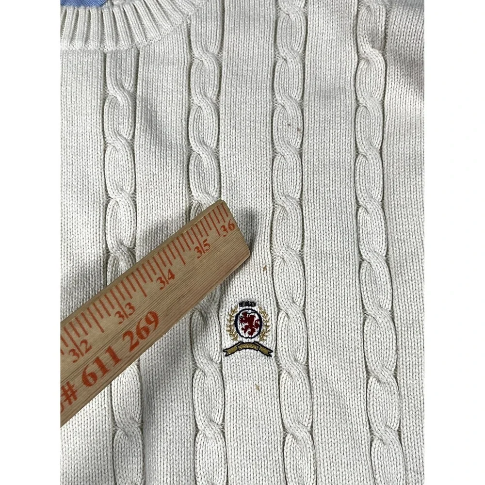 Y2K Vintage Tommy Hilfiger XL White Cable Knit Cotton‎ Ribbed Hem Winter Wear